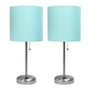 Limelights Brushed Steel Stick Lamp with Charging Outlet And Fabric Shade 2 Pack Set, Aqua Lamp Set