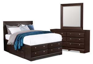 Yorkdale 5pc Bedroom Set with 12-Drawer Storage Bed, Dresser & Mirror, Brown - Queen Size