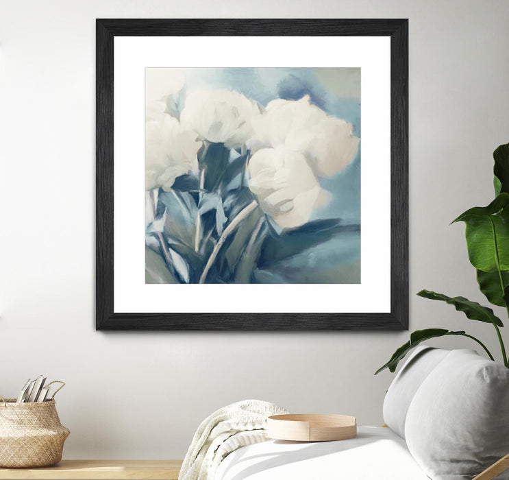 \"White Roses I\" Matted and Framed Black 30x30 Wall Art