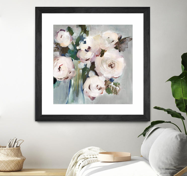 \"Pale Pink Bouquet I\" Matted and Framed Black 36x36 Wall Art