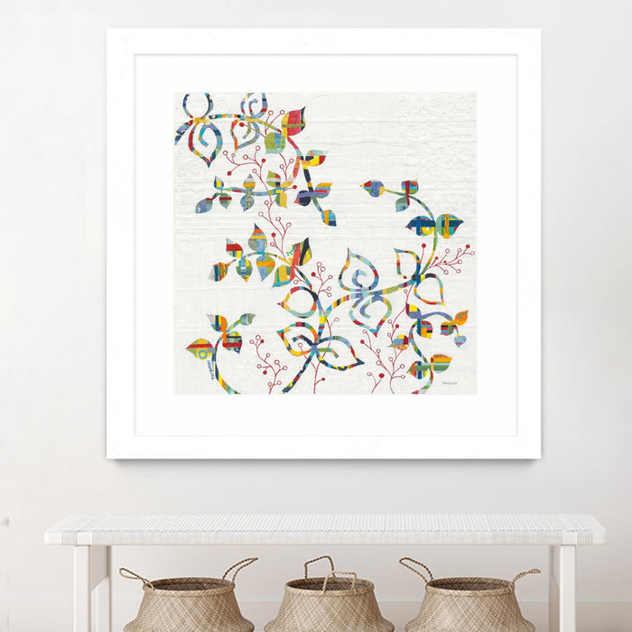 \"Rainbow Vines With Berries\" Matted and Framed White 36x36 Wall Art