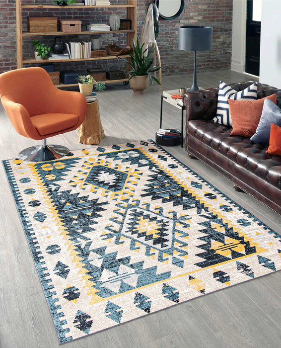 Mosaic Taupe/Blue Machine Washable Area Rug - 5'0\" x 7'0\"