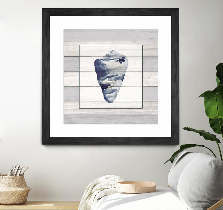 \"Muted Blue Shell On Wood\" Matted and Framed Black 30x30 Wall Art