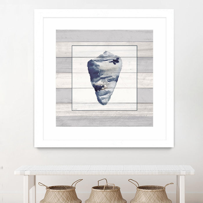 \"Muted Blue Shell On Wood\" Matted and Framed White 30x30 Wall Art