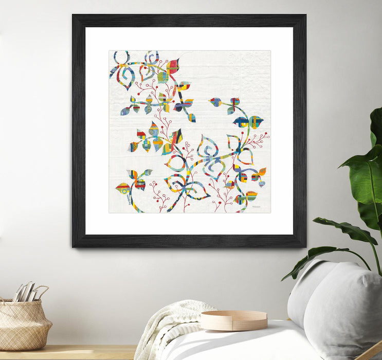 \"Rainbow Vines With Berries\" Matted and Framed Black 30x30 Wall Art