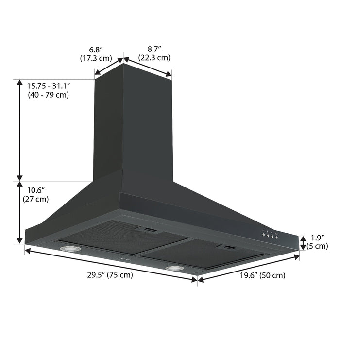 Ancona 30\" Convertible Wall Mount Black Stainless Steel Range Hood - AN-17-16BSS