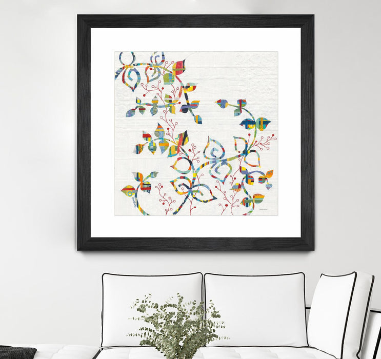 \"Rainbow Vines With Berries\" Matted and Framed Black 30x30 Wall Art