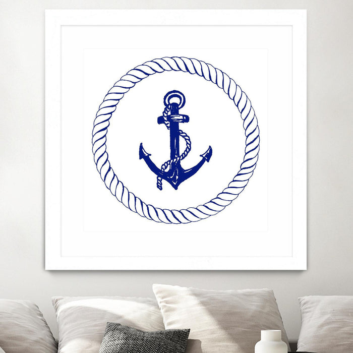 \"Blue Nautical Circle I\" Matted and Framed White 30x30 Wall Art
