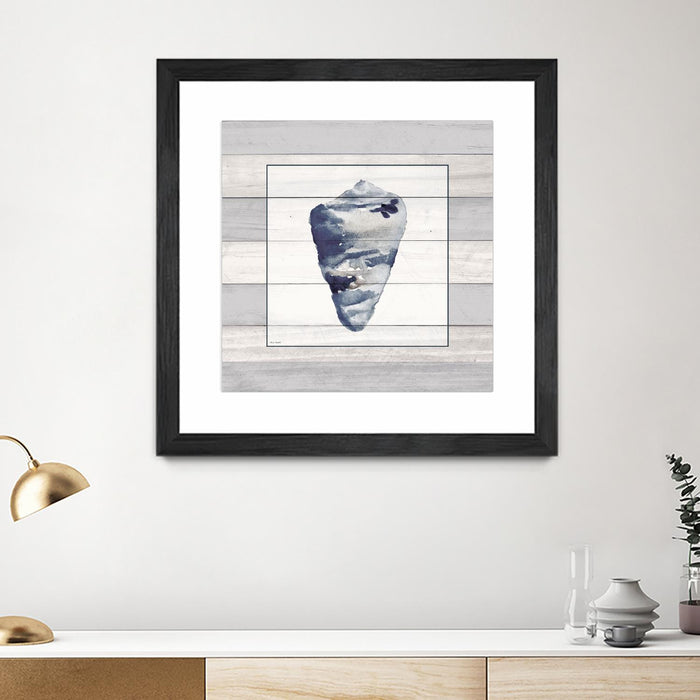 \"Muted Blue Shell On Wood\" Matted and Framed Black 30x30 Wall Art