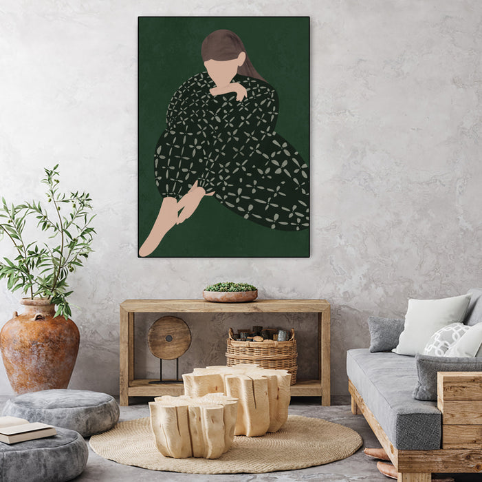 \"Woman In Green\" Canvas Framed Black 18x24 Wall Art