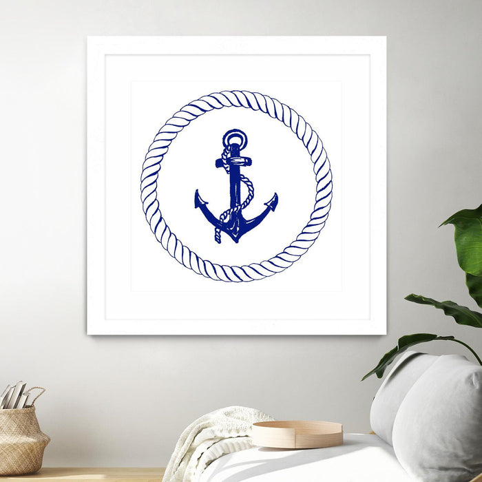 \"Blue Nautical Circle I\" Matted and Framed White 30x30 Wall Art