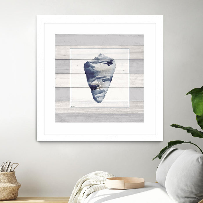 \"Muted Blue Shell On Wood\" Matted and Framed White 30x30 Wall Art