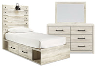 Abby 5pc Bedroom Set with Side Storage Bed, Dresser & Mirror for Kids, LED, USB, White - Twin Size 