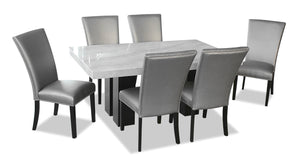 Cami 7pc Dining Set with Table & 6 Grey Chairs, Genuine Marble Top, 70