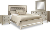 Diva 6pc Bedroom Set with Bed, Dresser, Mirror & Nightstand, Glam, Vegan Leather, Silver - King Size 