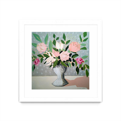 "Spring Florals 1" Matted and Framed White 36x36 Wall Art