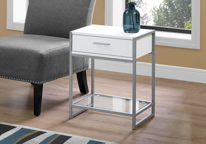 White Silver Metal Tempered Glass Accent Table
