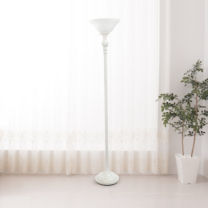 Elegant Designs 1 Light Torchiere Floor Lamp with Marbleized White Glass Shade, White