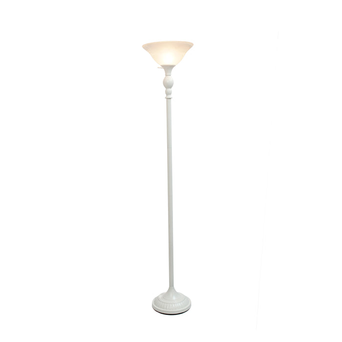 Elegant Designs 1 Light Torchiere Floor Lamp with Marbleized White Glass Shade, White