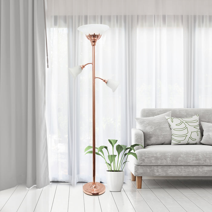 Elegant Designs 3 Light Floor Lamp with Scalloped Glass Shades, Rose Gold