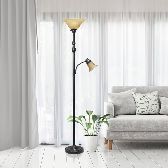 Elegant Designs 2 Light Mother Daughter Floor Lamp with Amber Marble Glass Shades, Restoration Bronze And Amber