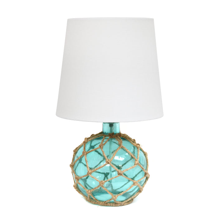 Elegant Designs Buoy Rope Nautical Netted Coastal Ocean Sea Glass Table Lamp with White Fabric Shade, Aqua