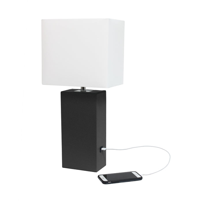 Elegant Designs Modern Leather Table Lamp with Usb And White Fabric Shade, Black