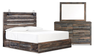 Abby 5pc Bedroom Set with Side Storage Bed, Dresser & Mirror, LED, USB, Brown - King Size