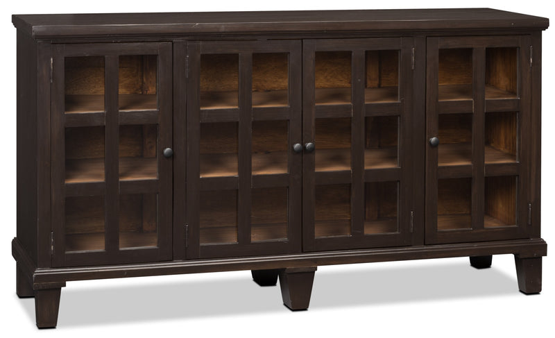 Artesia Console Table - Rustic style Accent Cabinet in Dark Brown Pine Solids and Glass