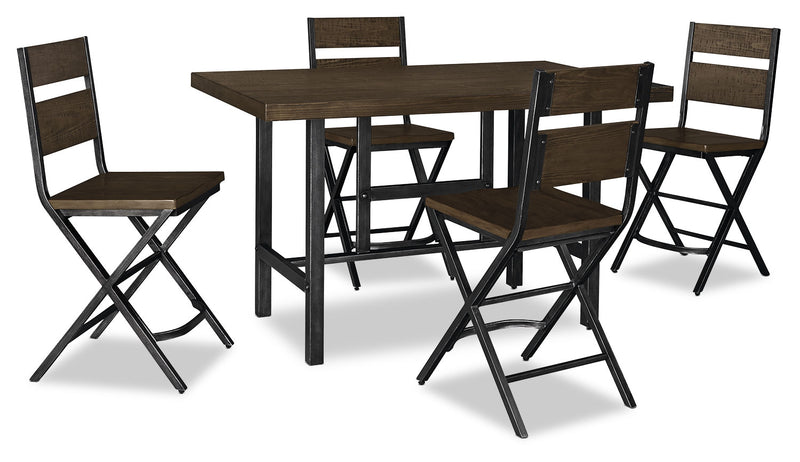 Kavara 5-Piece Counter-Height Dining Package - Industrial style Dining Room Set in Medium Brown Pine Solids and Metal