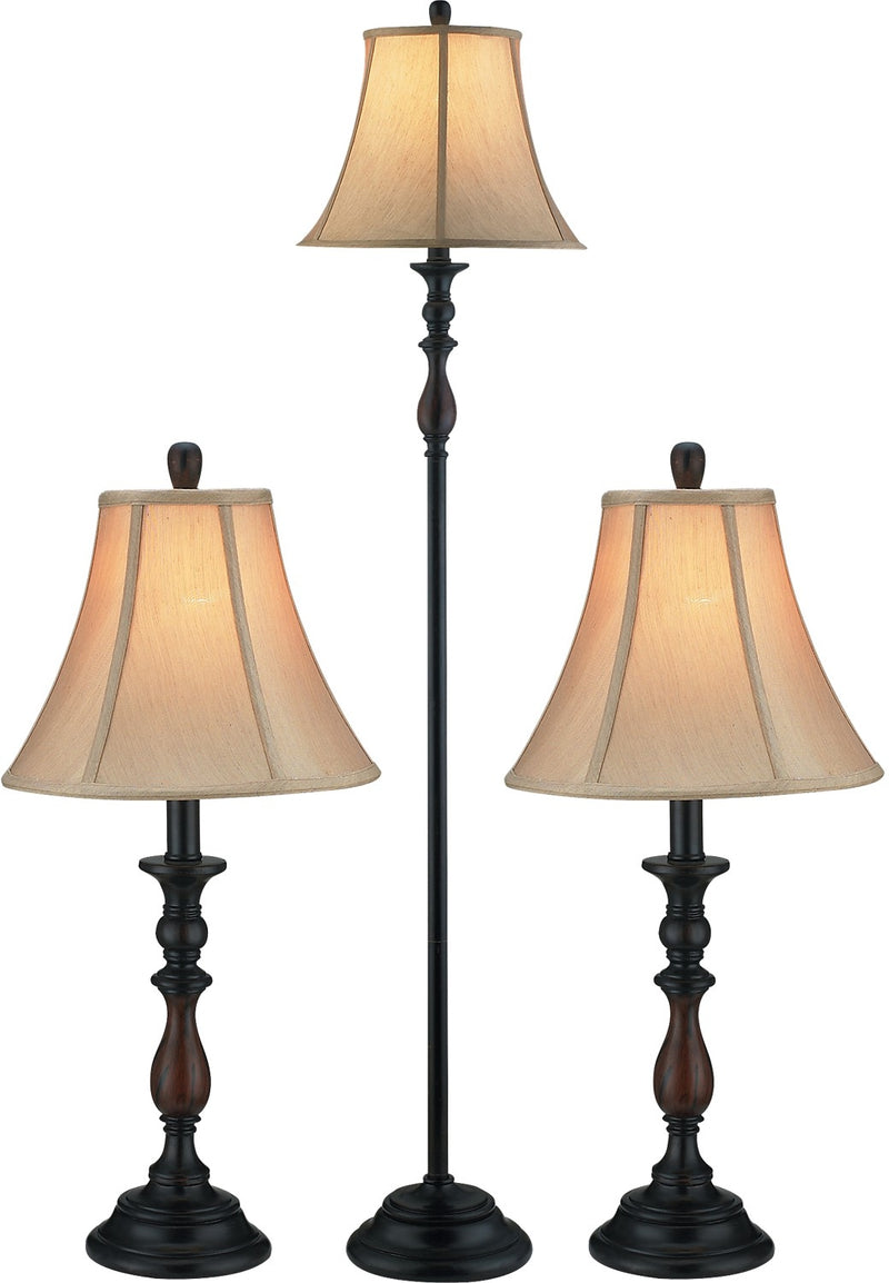 Bronze-Finish 3-Piece Floor and Two Tables Lamps Set with Bell Shade