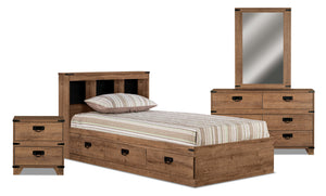 Driftwood Mates Bed 6pc Set with Storage Headboard, Dresser, Mirror & Nightstand, Brown - Twin Size