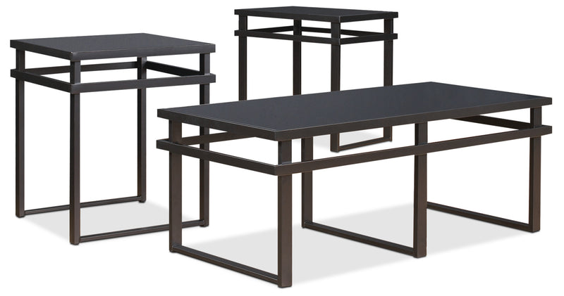 Laney 3-Piece Coffee and Two End Tables Package - Modern style Occasional Table Package in Black Metal and Glass
