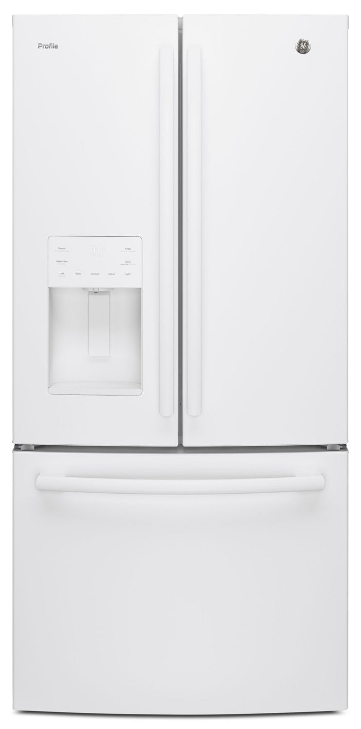 GE 23.8 Cu. Ft. French-Door Refrigerator with Space-Saving Icemaker – PFE24HGLKWW - Refrigerator with Exterior Water/Ice Dispenser, Ice Maker in White