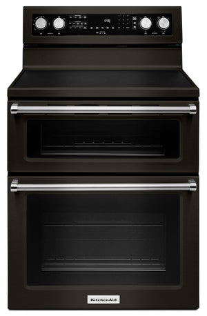 KitchenAid 6.7 Cu. Ft. Electric Range with Self-Clean and Double Oven - Black Stainless Steel with PrintShield™ Finish - YKFED500EBS