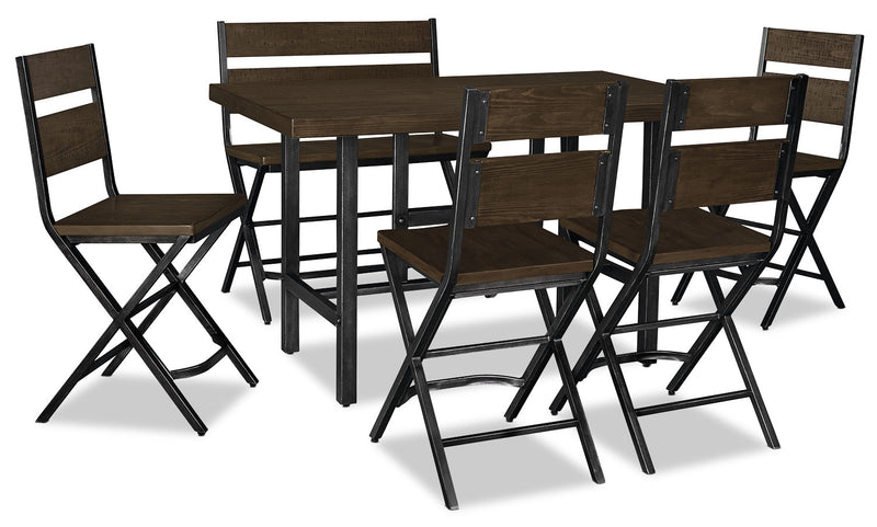 Kavara 6-Piece Counter-Height Dining Package - Industrial style Dining Room Set in Medium Brown Pine Solids and Metal
