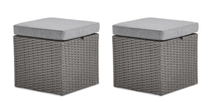 Morris Small Outdoor Patio Ottoman, Set of 2 - Hand-Woven Resin Wicker, Olefin Fabric, UV & Weather Resistant - Grey