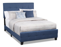 Page Upholstered Bed in Blue Linen-Look Fabric, Button Tufted - Full Size 