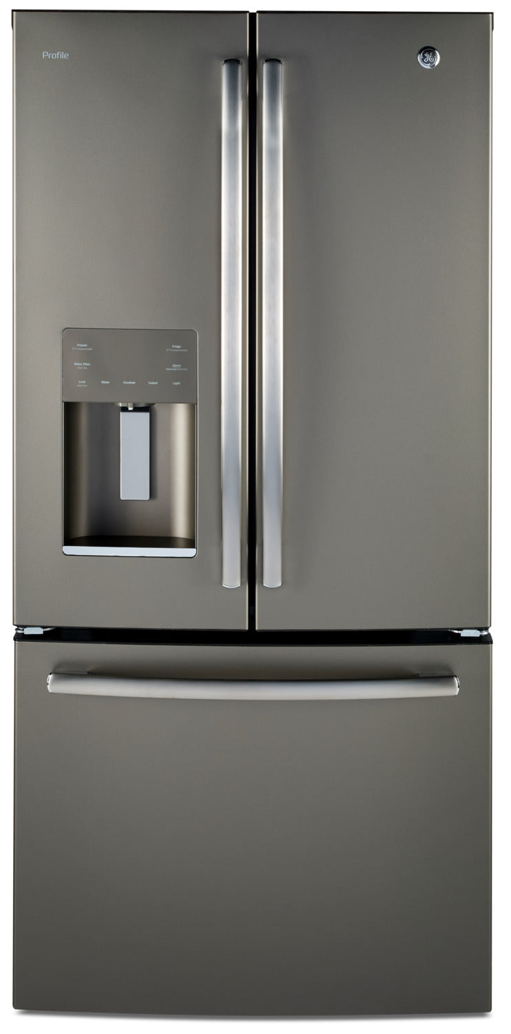 GE Profile 17.5 Cu. Ft. French-Door Refrigerator with Icemaker – PYE18HMLKES - Refrigerator with Exterior Water/Ice Dispenser in Slate