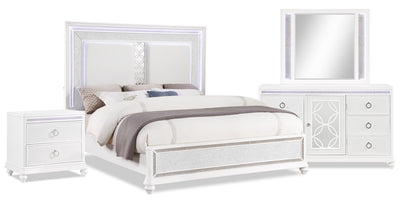 Ava 6pc Bedroom Set with Bed, Dresser, Mirror & Nightstand, LED, Glam, White - Queen Size | Ensemble de chambre à coucher Ava 6 pièces somptueux avec lit, commode, miroir, table de nuit et écl…