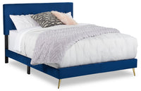 Gabi Upholstered Bed in Blue Velvet Fabric with Gold Finish Legs, Button Tufted - Queen Size 