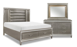 Max 5pc Bedroom Set with Storage Bed, Dresser & Mirror, LED, Glam, Silver - Queen Size