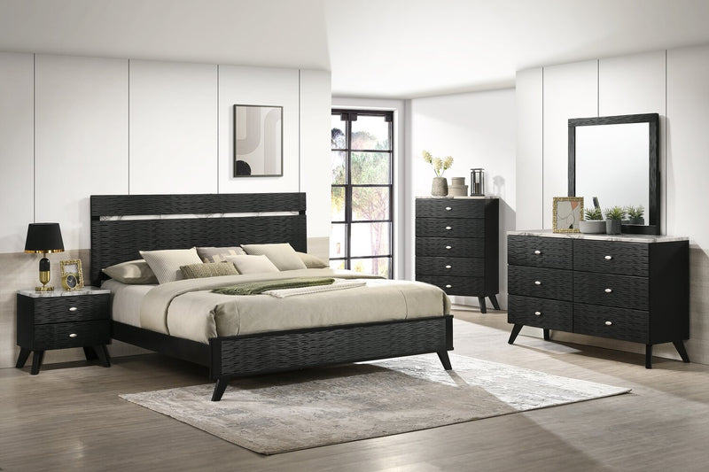 Atlas 6pc Bedroom Set with Bed, Dresser, Mirror & Nightstand, Mid-Century Modern, Black - King Size