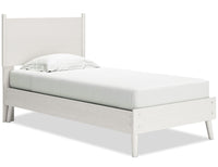 Mavi Platform Bed with Headboard & Frame, 2-Sided Fabric & Vegan Leather Cushion, White - Twin Size 