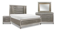 Max 6pc Bedroom Set with Storage Bed, Dresser, Mirror & Nightstand, LED, Glam, Silver - Queen Size 