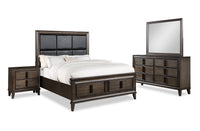 Kane 6pc Bedroom Set with Storage Bed, Dresser, Mirror & Nightstand, Vegan Leather, Brown - Queen Size 