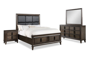 Kane 6pc Bedroom Set with Storage Bed, Dresser, Mirror & Nightstand, Vegan Leather, Brown - Queen Size