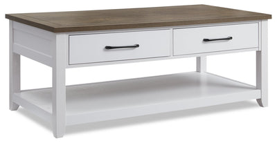 Kort & Co. Logan 47.25" Traditional Coffee Table with Storage and Shelf - White and Walnut Oak |Table à café traditionnelle Logan de Kort & Co. de 47,25 po avec rangement et tablette - blanche et chêne noyer