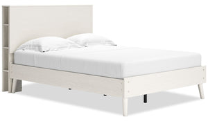 Mavi Platform Bed with Bookcase Headboard & Frame, USB, Mid-Century Modern, White - Full Size