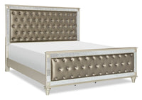 Tyra Panel Bed with Headboard & Frame, Glam, Vegan Leather, Button-Tufted, Champagne - Queen Size 